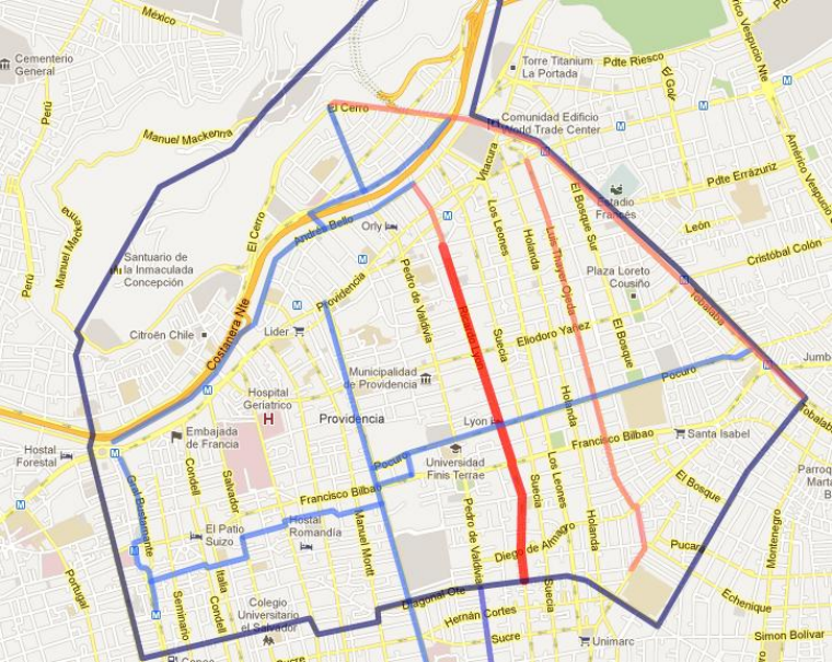 mapa cicloruta de Ricardo Lyon en la comuna de Providencia